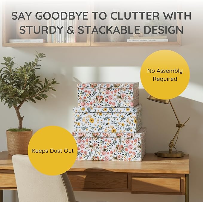 Soul & Lane Decorative Storage Cardboard Boxes with Lids | Summer Bouquet - Set of 3 | Paperboard Nesting Boxes for Organizing