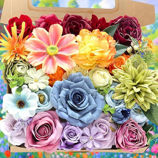 ASTRYAS Fake Artificial Flowers Combo, Faux Silk Colorful Flowers for Spring Summer DIY Wedding Bridal Bouquet Centerpieces Arrangements Party Bridal Baby Shower Home Decorations - Multicolor