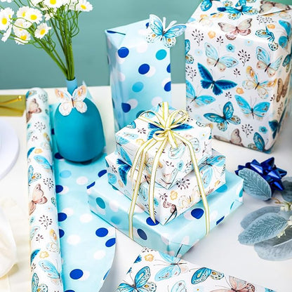 MAYPLUSS Butterfly Wrapping Paper, Vintage Watercolor Butterfly Fairy Gift Wrapping Paper for Women Girls Pearl Birthday Wrap in Blues Reversible Polka Dot for Baby Shower, Wedding (17Inch X 33Feet)