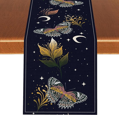 Gothic Moth Table Runner, Boho Gothic Floral Butterfly Sun Moon Mystical Witchy Starlight Coffee Table Center Decor for Home Kitchen Dining Patio Holiday Party Table Decorations 13x108 inches