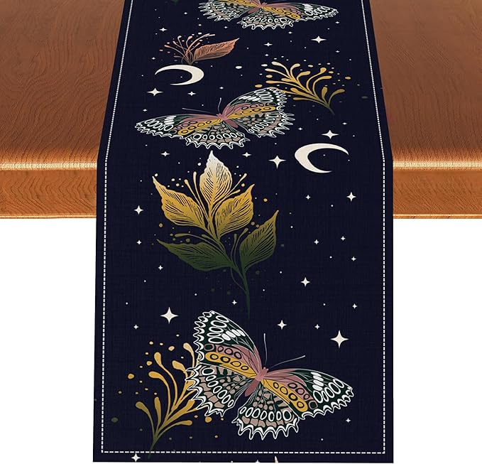Gothic Moth Table Runner, Boho Gothic Floral Butterfly Sun Moon Mystical Witchy Starlight Coffee Table Center Decor for Home Kitchen Dining Patio Holiday Party Table Decorations 13x72 inches