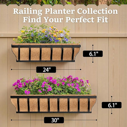 Railing Planter Boxes, Heavy Duty Window Box Planters, Adjustable Balcony Planters for Railing Hanging, with Coco Liner & Support Rod for Deck, Porch, and Patio Gardening (2 Pack, 24 Inch)