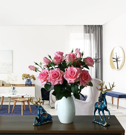 Pink Roses Artificial Flowers Indoor,Realistic Fake Flowers 5 Bouquets (15 Heads) for Living Room Decor,Real Touch Fake Plants for Bathroom Kitchen Office Wedding Centerpiece Table Bridal Shower Decor
