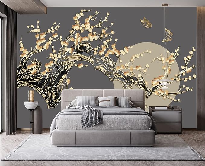 Golden Branches Butterflies Moon Wall Mural Wallpaper for Bedroom 178" x 117"