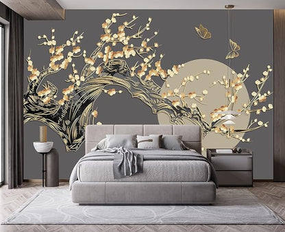 Golden Branches Butterflies Moon Wall Mural Wallpaper for Bedroom 178" x 117"