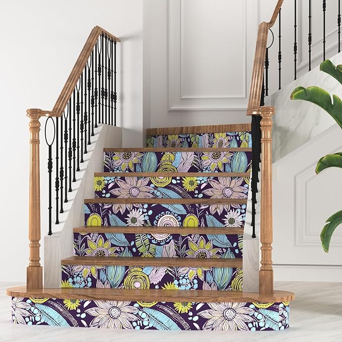 Purple Boho Wallpaper Peel and Stick,Vintage Yellow Floral Contact Paper 17.5" x 393", Botanical Flowers Retro Absract Wall Paper Self Adhesive Removable Waterproof for Walls Shelves Cabinet Table