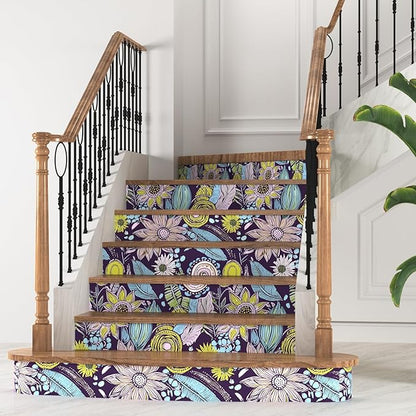 Purple Boho Wallpaper Peel and Stick,Vintage Yellow Floral Contact Paper 17.5" x 393", Botanical Flowers Retro Absract Wall Paper Self Adhesive Removable Waterproof for Walls Shelves Cabinet Table