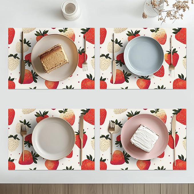 Sweet Strawberry Placemats Set of 4 Washable Table Mats Spring Summer Fruit Heat-Resistant Cotton Linen Place Mats for Dining Table Kitchen Indoor Outdoor Party Holiday Decor