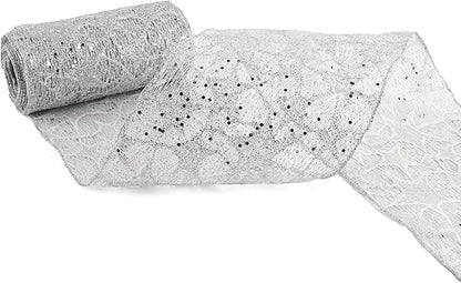 MEEDEE 6 Inch Wide Wired Ribbon Silver Glitter Mesh Web Wired Edge Ribbon by 10 Yards Roll Silver Wired Mesh Ribbons for Christmas Tree, Garland, Holiday Wreaths, Bows, Centerpiece, Gift Wrapping