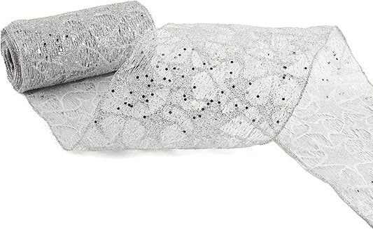 MEEDEE 6 Inch Wide Wired Ribbon Silver Glitter Mesh Web Wired Edge Ribbon by 10 Yards Roll Silver Wired Mesh Ribbons for Christmas Tree, Garland, Holiday Wreaths, Bows, Centerpiece, Gift Wrapping