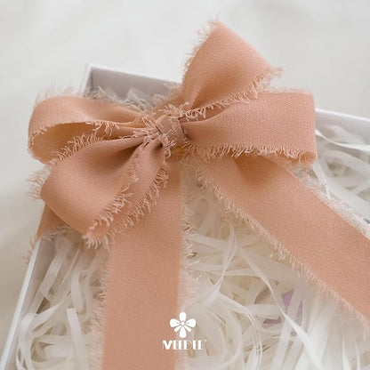 MEEDEE Peach Chiffon Ribbon 1 Inch Frayed Ribbons Orange Chiffon Silk Fringe Ribbon Thin Chiffon Ribbons for Crafts, Gift Wrapping, Wedding Invitation (3 Rolls 21 Yards)