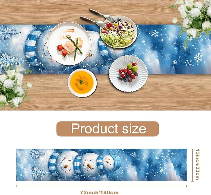 Christmas Snowman Table Runner for Dining Table, Winter Holiday Party Decor, Blue Snowflake Printed Long Tablecloth Runner for Kitchen, Christmas Dinner, Home Decoration, Holiday Table Setting