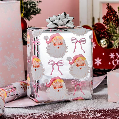 MAYPLUSS Christmas Wrapping Paper Roll - 17 Inch X 33 Feet - Pink Cute Bow Santa Claus Reversible Snowflake Gift Wrapping Paper, Thick Wrap Paper for Holiday Party New Year Kids