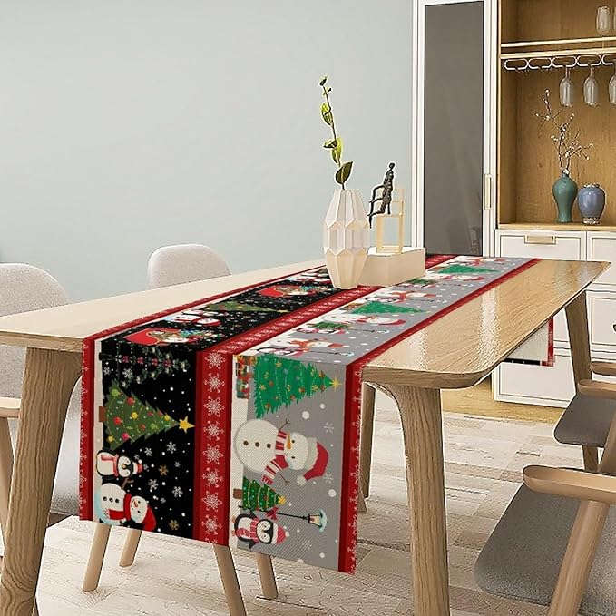 Christmas Table Runner,Cartoon Snowman Tree Xmas Deer Elk Santa Claus Print Tablecloth Burlap for Hotel Indoors Outdoor Dining Room Kitchen Home Decor,W13X L36 in