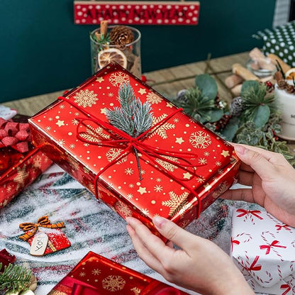 MAYPLUSS Christmas Wrapping Paper Roll - 17 Inch X 33 Feet - Gold Snowflake Star Reversible Candy Cane Gift Wrapping Paper, Thick Wrap Paper for Holiday Party New Year Kids