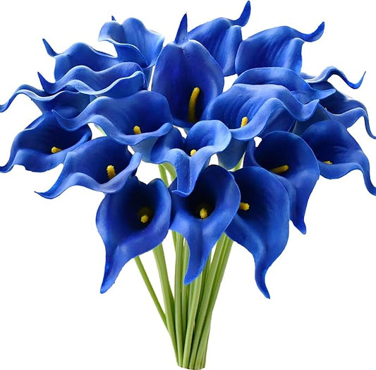Mandy's PU Royal Blue Calla Lily Artificial Flowers 20 Stems 13.5in Faux Realistic Centerpiece for Thanksgiving and Christmas Decorations DIY Bridal Bouquet Home Décor