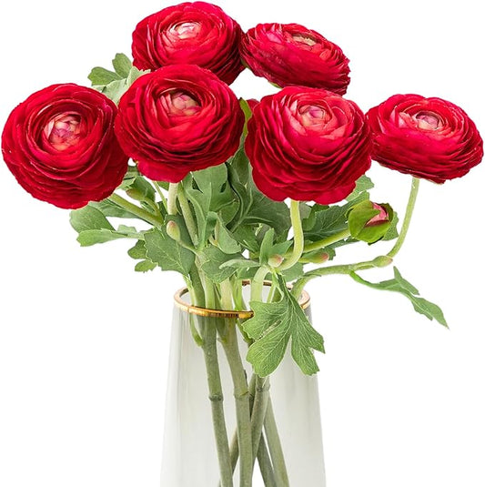 Artificial Ranunculus Flowers with Real Touch Stem, Silk Ranunculus Flowers (Red, 6pcs)