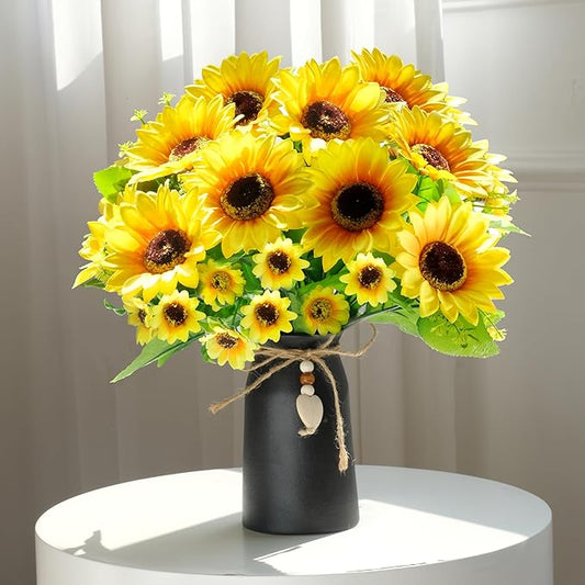 Artificial Sunflower Arrangement in Black Vase - 3 Bunches of Lifelike Sunflowers with Rustic Black Vase for Home Décor, Office, and Special Occasions