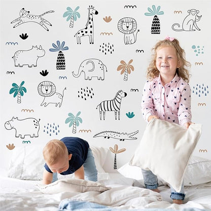 AOWDIAO Safari Wildlife Animal Wall Decals Line Art Peel & Stick Decor for Kids’ Room & Nursery