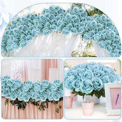 80 Pcs Roses Artificial Flowers, Silk Haze Blue Artificial Flowers Petals Long Stem Roses for Wedding Bouquet Home Party Decor