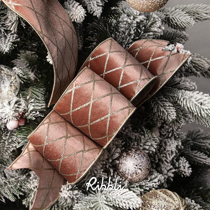 Ribbli Rose Gold Velvet Ribbon Wired with Glitter Diamond Grid 4 Inch Christmas Ribbon for Christmas Tree Decoration Big Bow Gift Wrapping Crafts Wreaths Garland Supplies - 10 Yards