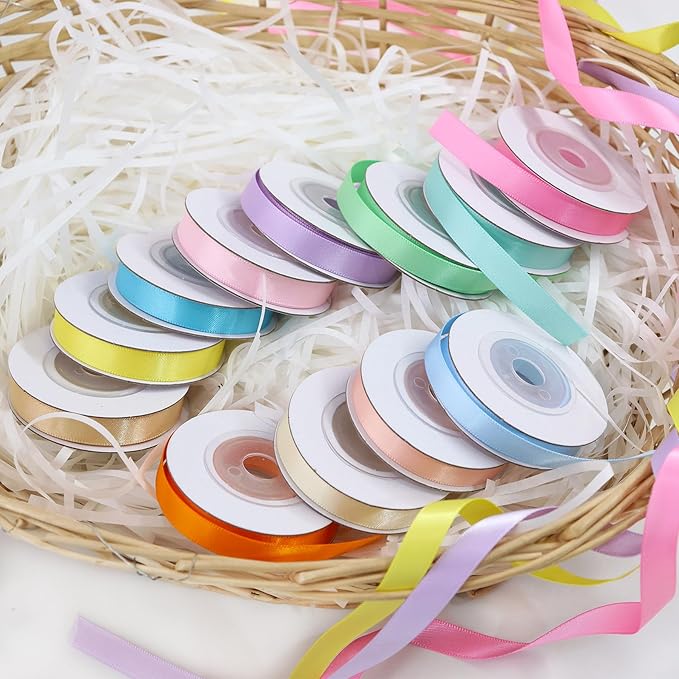 12 Rolls Pastel Rainbow Ribbon 3/8" X 60 Yards Thin Double Face Satin Ribbon Assortment for Crafts, Wreath, Gift Wrapping, Birthday Baby Shower Party Decoration and DIY Handmade Hair Bows