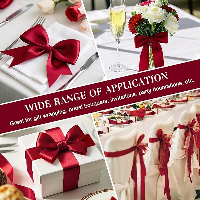 1-1/2 Inches 100 Yards Wine Red Satin Ribbon, Solid Fabric Ribbon Roll for Flower Bouquets, Gift Wrapping, Wedding, Handmade Crafts