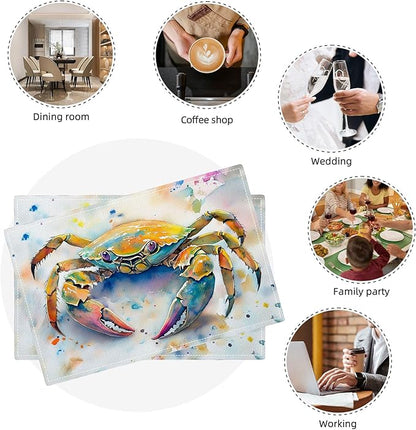Sea Beach Theme PlaceMats Set of 4 Ocean Crab Pictures Print Washable Placemats Marine Life Animal Table Mats Teal Blue Scratch Proof Table Mats for Kitchen Decor Dinner 4 PCS