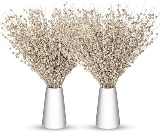 Geosar 30 Pcs Christmas Artificial Glitter Berry Stem Decorations 17 Inch Faux Stick Floral Pick Centerpiece Bouquet Flower Bead Twigs for Centerpiece Tree Wreath Xmas Ornaments Home(Champagne Gold)