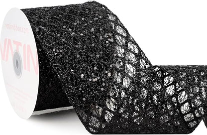 VATIN 4" Black Christmas Ribbon, Black Glitter Mesh Diamond Web Sequin Dots Wired Christmas Ribbon for Gift Wrapping Bow Making Wreath Supply-10 Yards