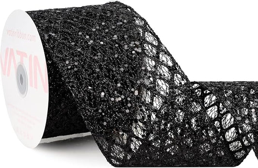 VATIN 4" Black Christmas Ribbon, Black Glitter Mesh Diamond Web Sequin Dots Wired Christmas Ribbon for Gift Wrapping Bow Making Wreath Supply-10 Yards