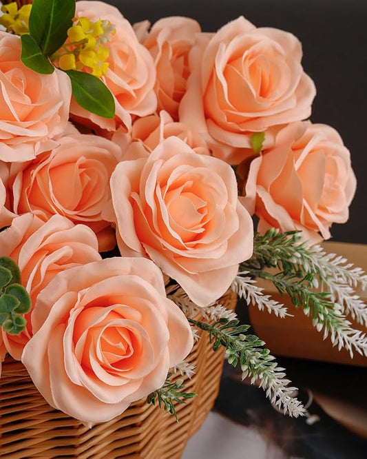 DuHouse 10pcs Fake Roses Artificial Silk Flowers Long Stems Bouquet for Arrangement Wedding Centerpiece Party Home Kitchen Decor(Peach Fuzz-a)