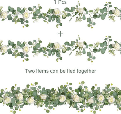 TOCHGREEN 2Pcs(13 Ft) Artificial Eucalyptus Flower Garland with White Rose Flowers,Faux Rose Vine Gypsophila Greenery for Home Party Wedding Table Decor (White, 2PCS)