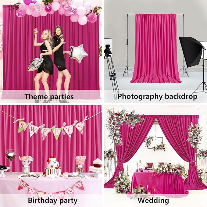 10 x 10 Feet Fuschia Backdrop Curtain for Partie, Background Curtains for Photoshoot, Birthday, Wedding, Halloween, Thanksgiving, Christmas, New Year Party Decorations 5Ft x 10Ft, 2 Panels