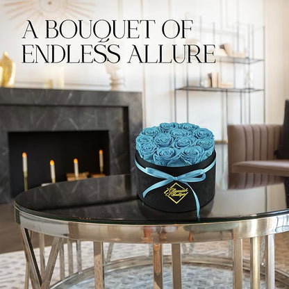 GLAMOUR BOUTIQUE Flowers Forever Gift Box 12 Real Preserved Roses in a Velvet Box, Birthday for Her Mom and Wife, Mothers Day, Anniversary, Graduation - Teal