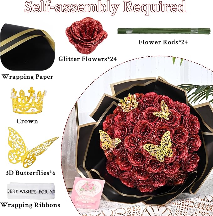 Waipfaru Glitter Roses Bouquet, DIY Fake Flowers Bouquet, Birthday Gifts for Women Mom, 24 Pcs Red Rose for Grandma Wife Girlfriend Valentines, Mothers Day, Anniversary, Graduation