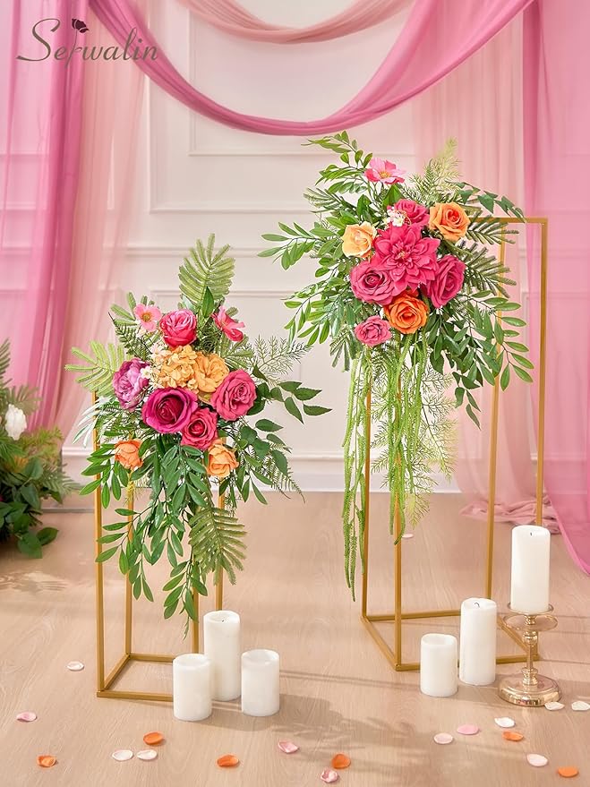 Serwalin Artificial Hot Pink & Orange Flowers, Magenta Silk Fake Flowers, Autumn Faux Flowers for Wedding Bouquet, Table Centerpieces, Home Decor