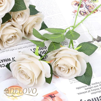 52pcs Beige Roses Artificial Flowers Fake Flowers Silk Roses with Stems for DIY Wedding Bouquets Bridal Shower Centerpieces Arrangements Party Decorations