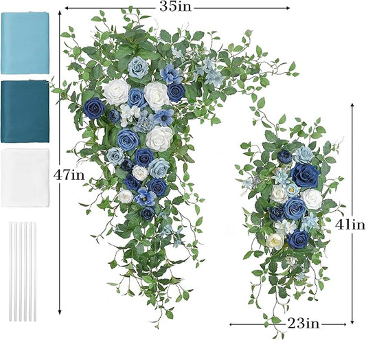 Ting's time Artificial Wedding Arch Flowers Kit (Set of 5)-2Pcs Floral Swag Arrangement 3Pcs Fabric Drap for Wedding Ceremony Reception Backdrop Decoration Blue