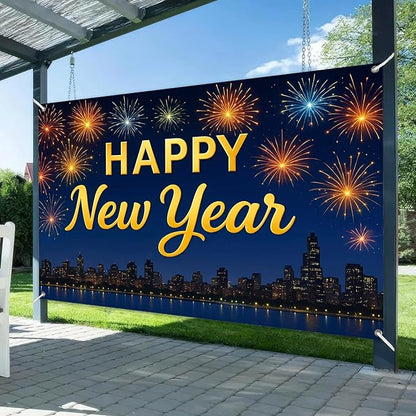Happy New Year Banner 71x43 Inch Fireworks Skyline Party Wall Decoration New Year Photo Backdrop for Indoor Celebration Countdown Event Holiday Party Background Display