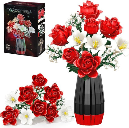 Rose Flower Building Blocks with Vase Set for Adults, Christmas Artificial Flower Bouquet Botanical Collection Bricks Anniversary Birthday Gifts for Her Women Mom Grandma Wife Men Home Decor -1077PCS