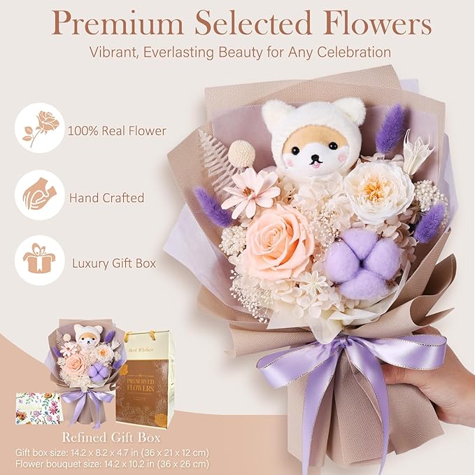 Forever Flowers Bouquet with Cute Doll - Preserved Flowers for Delivery, Real Eternal Roses Bouquet for Mothers, Mom, Girlfriend, Wife Anniversary Birthday Gifts for Women Men