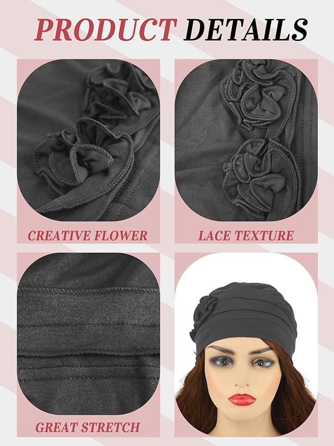 JenPen 6 Pcs Chemo Headwear for Women Stretchy Soft Turbans for Cancer Solid Beanie Flower Chemo Caps for Hair Loss