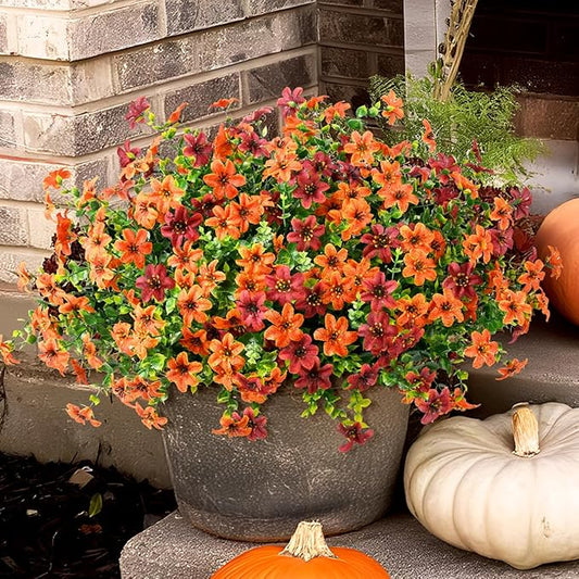 Artificial Mums Fake Fall Flowers for Outdoors Decoration, 12 Bundles Realistic Autumn Silk Daisy Faux Plants UV Resistant Decor for Home Garden Porch Patio Yard Balcony Window (Orange Brown)