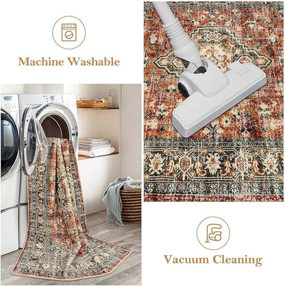 Lahome Oriental Small Area Rug, 2x4 Washable Entryway Rug Non-Slip Ultra-Thin Indoor Door Mat Distressed Throw Carpet for Kitchen Bedroom, Brick Red