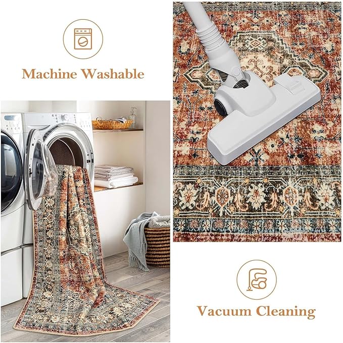 Lahome Oriental Hallway Runner Rug, 2.5x12 Washable Runners for Hallways Kitchen, Soft Distressed Non Shedding Long Carpet for Entryway ‎Laundry Room, Brick Red