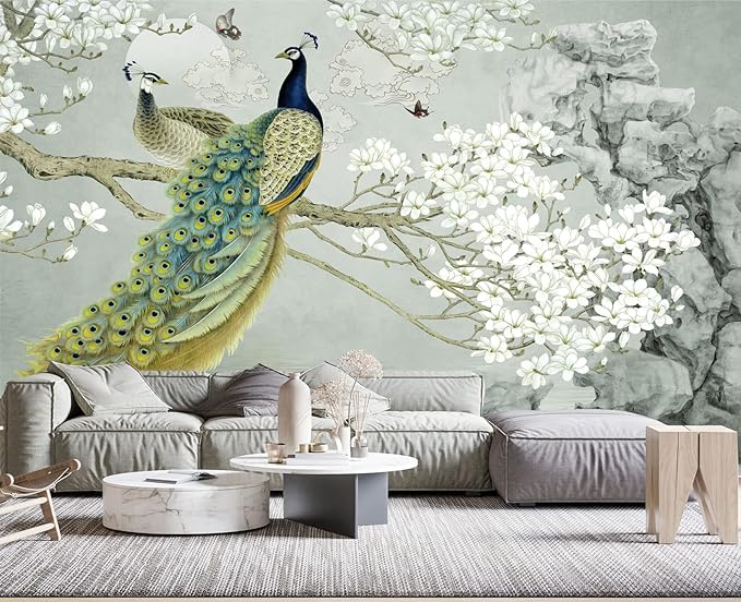 Magnolia Flower Peacock Chinoiserie Wallpaper for Bedroom 137" x 100"