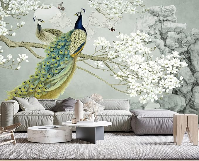Magnolia Flower Peacock Chinoiserie Wallpaper for Bedroom 178" x 117"