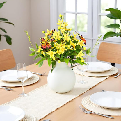 HOSY Artificial Freesia Bouquet in Ivory Ceramic Vase, Silk Flower and Butterfly Arrangements for Table Centerpiece Decoration (Freesia)