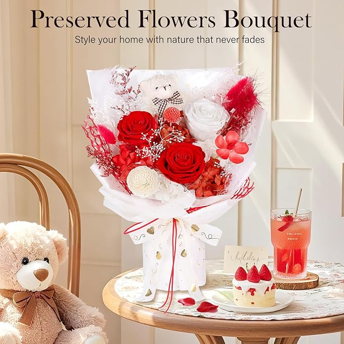 Preserved Flowers Bouquet with Bear, 3 Real Forever Flowers for Delivery, Long-Lasting Red Eteranl Roses Bouquet Birthday Gifts for Women Teenage Girls Girlfriend Mother Wife Her